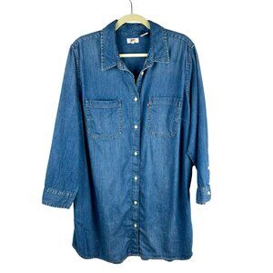 Levi's Denim Shirt Dress Women Plus 1X Blue Mini Short Length Long Sleeves Rodeo